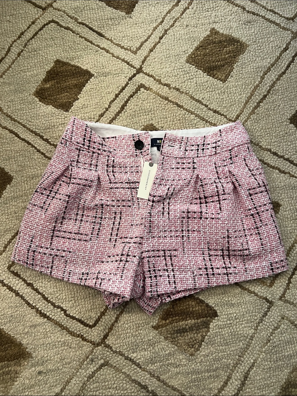 Maeve Pink Tweed High-Waist Pleated Shorts